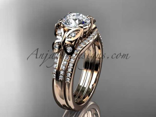 Moissanite Butterfly ring 14kt rose gold diamond unique wedding ring set ADLR514S