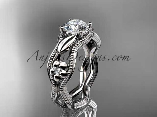 platinum leaf and flower diamond unique engagement ring with a "Forever One" Moissanite center stone ADLR382