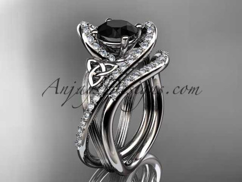 14kt white gold diamond celtic trinity knot wedding ring, engagement set with a Black Diamond center stone CT7369S