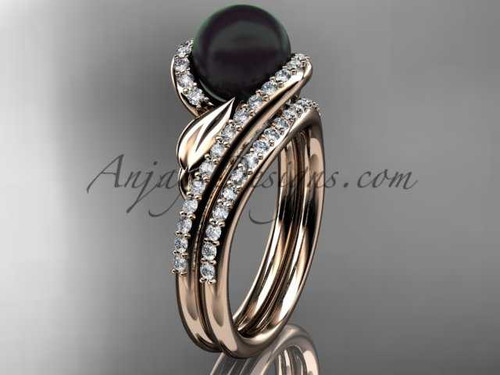 Black Cultured Pearl Wedding Set 14kt Rose Gold Diamond Leaf Engagement Ring ABP317S