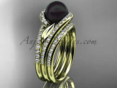 Black Pearl Double Rings Wedding Set 14kt Yellow Gold Diamond Leaf Engagement Ring ABP317S
