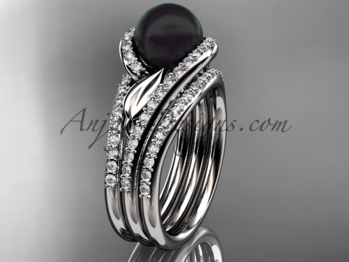 White Gold Black Pearl Leaf Double Rings Wedding Set ABP317S