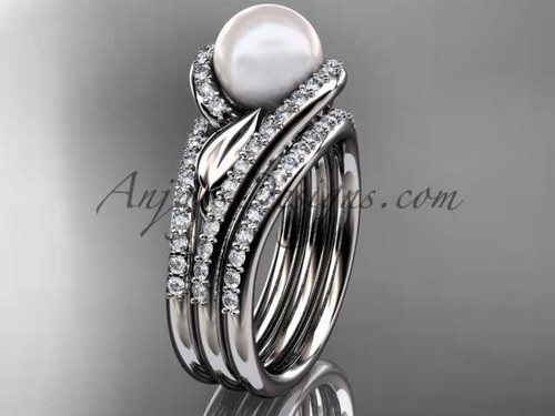 Pearl Double Rings Wedding Set 14kt White Gold Diamond Leaf Engagement Ring AP317S