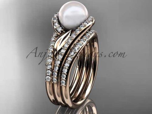 Pearl Double Rings Wedding Set 14kt Rose Gold Diamond Leaf Engagement Ring AP317S