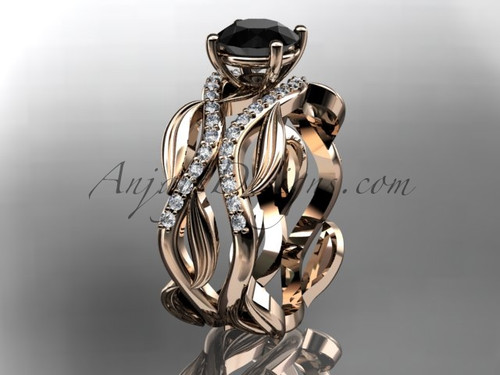 14kt rose gold diamond leaf and vine wedding set, engagement set with a Black Diamond center stone ADLR264S