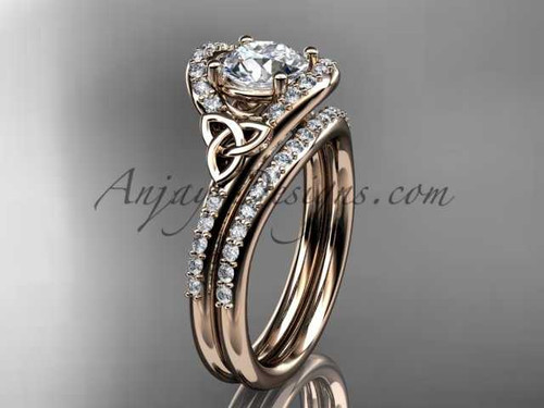 Moissanite celtic trinity knot wedding Set, 14kt rose gold irish diamond engagement ring CT7317S