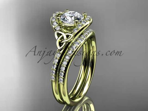 Moissanite celtic trinity knot wedding Set, 14kt yellow gold irish diamond engagement ring CT7317S