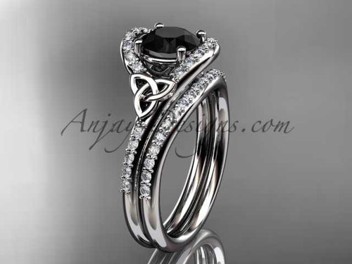 Black Diamond celtic trinity knot wedding Set, 14kt white gold irish diamond engagement ring CT7317S