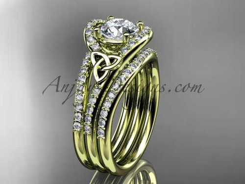 Irish wedding ring Set, 14kt yellow gold Diamond celtic trinity knot engagement ring CT7317S