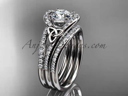 Irish wedding ring Set, Platinum Diamond celtic trinity knot engagement ring CT7317S