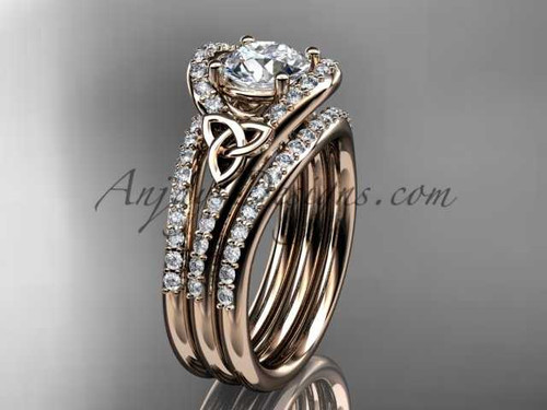 Irish celtic wedding ring Set, 14kt rose gold moissanite trinity knot engagement ring CT7317S