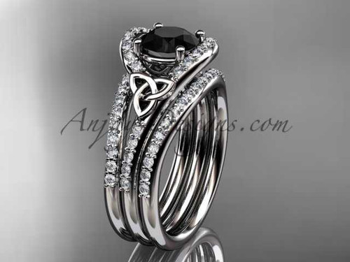 Black diamond Celtic engagement set, 14k white gold Trinity knot bands