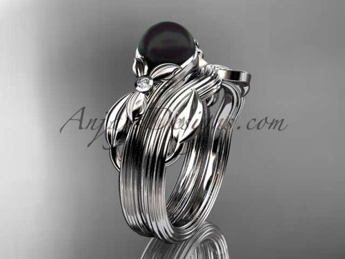 Black Pearl Floral Wedding Set Unique 14kt white gold Engagement Ring ABP324S