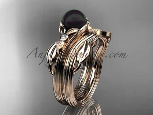 Black Pearl Floral Wedding Set Unique 14kt rose gold Engagement Ring ABP324S