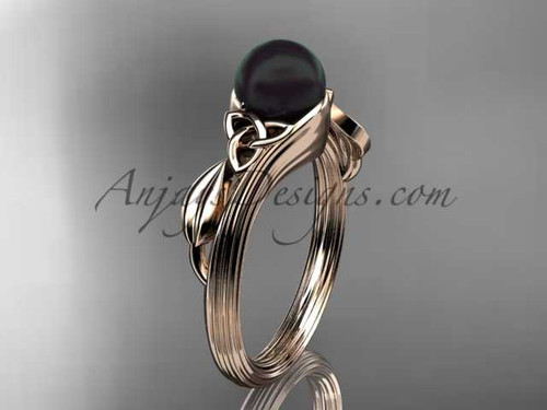 Black Pearl Celtic Engagement Ring Unique 14kt rose gold Wedding Ring CTBP7324