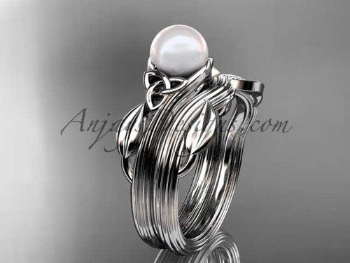 Pearl Celtic Wedding Set Unique 14kt white gold Engagement Ring CTP7324S