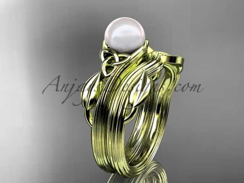 Pearl Celtic Wedding Set Unique 14kt yellow gold Engagement Ring CTP7324S
