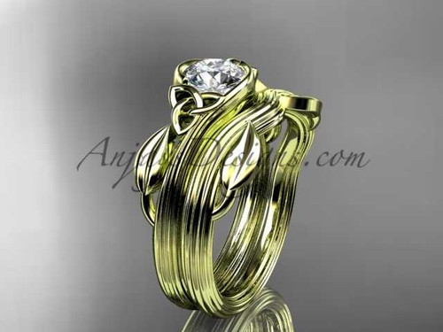 Triquetra Celtic Wedding Set Unique 14kt Yellow Gold Leaf Ring CT7324S