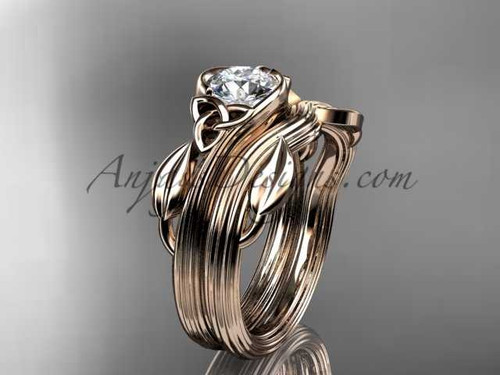 Triquetra Celtic Wedding Set Unique 14kt Rose Gold Leaf Ring with a "Forever One" Moissanite center stone CT7324S