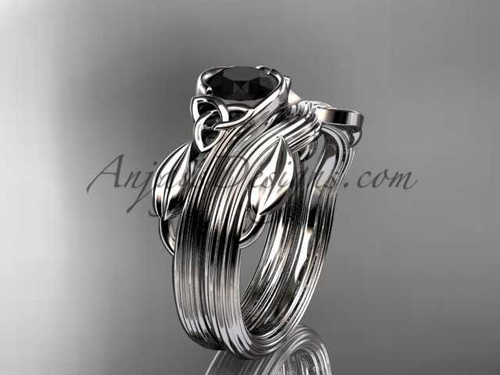 Triquetra Celtic Wedding Set Unique 14kt White Gold Leaf Ring with a Black Diamond center stone CT7324S