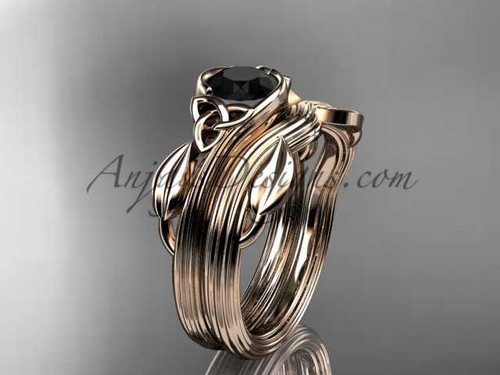 Triquetra Celtic Wedding Set Unique 14kt Rose Gold Leaf Ring with a Black Diamond center stone CT7324S
