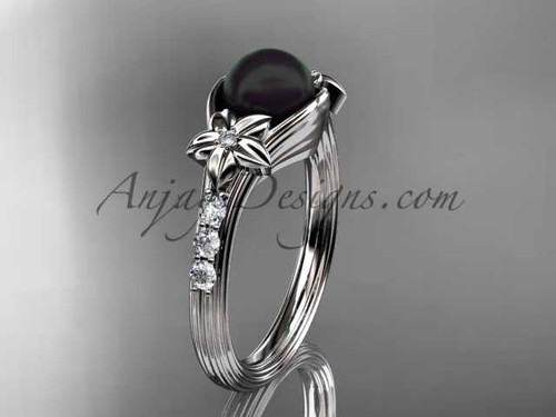Unique diamond black pearl engagement ring 14kt white gold floral wedding ring ABP333