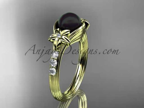 Unique diamond black pearl engagement ring 14kt yellow gold floral wedding ring ABP333
