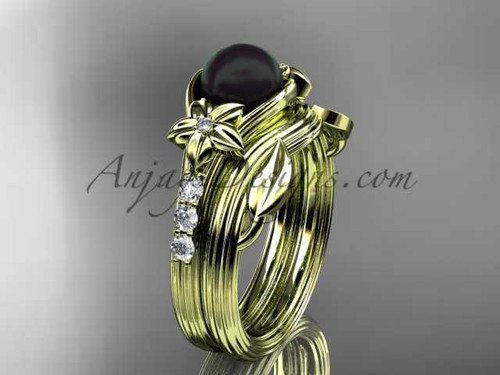 Diamonds and black pearl amazing wedding set 14kt yellow gold floral engagement ring ABP333S