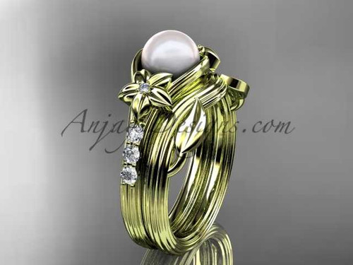 Diamonds and pearl amazing wedding set 14kt yellow gold floral engagement ring AP333S