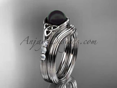 Diamond black pearl celtic knot bridal set platinum engagement ring CTBP7333S