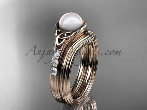 Diamond pearl celtic knot wedding set 14kt rose gold engagement ring CTP7333S