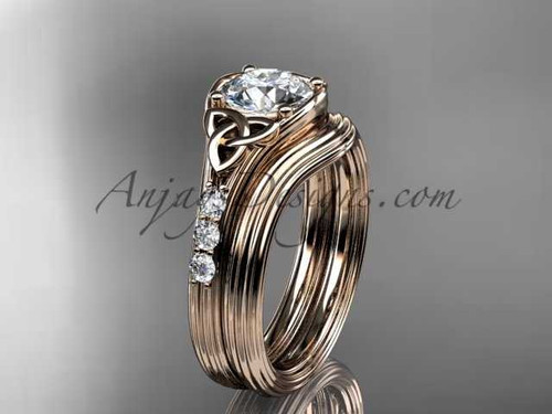 Moissanite Celtic wedding sets, 14kt Rose gold diamond triquetra knot engagement ring CT7333S
