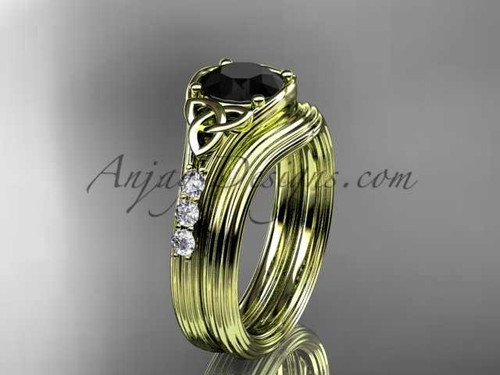 Black Diamond Celtic wedding sets, 14kt yellow gold diamond triquetra knot engagement ring CT7333S