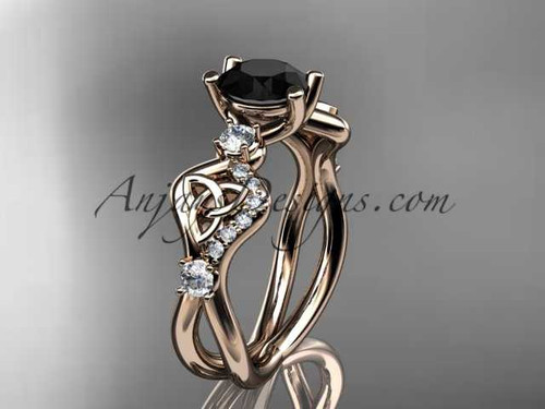 14kt rose gold celtic trinity knot engagement ring, wedding ring with a Black Diamond center stone CT768