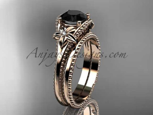 Black Diamond Flower wedding set 14k rose gold engagement ring ADLR375S