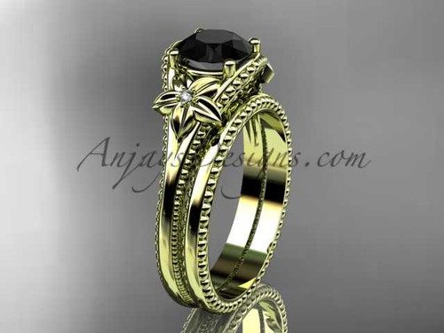 Black Diamond Flower wedding set 14k Yellow gold engagement ring ADLR375S