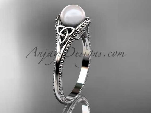 Pearl Celtic knot wedding ring 14k white gold engagement ring CTP7375