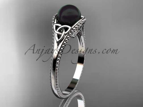 Black pearl celtic knot engagement ring Platinum bridal ring CTBP7375