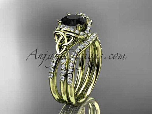 14kt yellow gold diamond celtic trinity knot wedding ring, engagement set with a Black Diamond center stone CT7155S