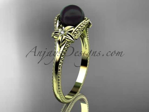 Black pearl flower engagement ring 14k yellow gold bridal ring ABP375