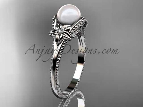 Pearl flower engagement ring Platinum bridal ring AP375