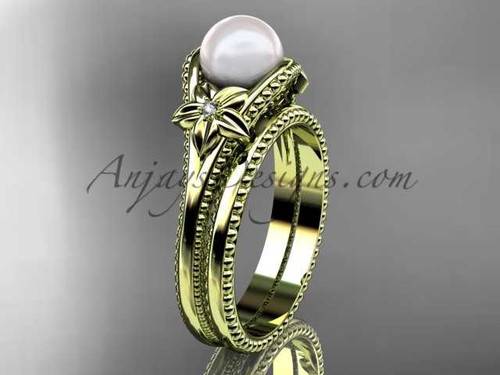 Flower pearl wedding set 14k yellow gold bridal ring AP375S