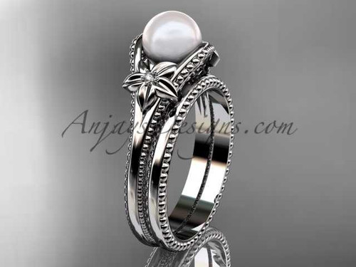 Flower pearl wedding set Platinum bridal ring AP375S
