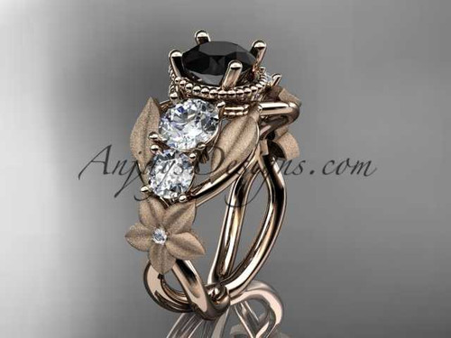 14kt rose gold diamond floral, leaf and vine wedding ring, engagement ring with Black Diamond center stone ADLR69
