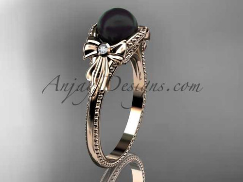 Bow engagement ring 14kt rose gold tahitian black pearl bridal ring ABP376