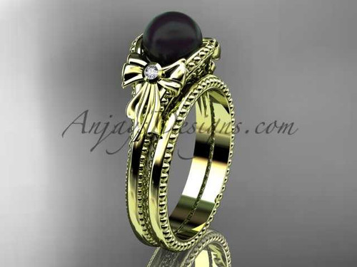 Bow ring 14k yellow gold tahitian black pearl bridal set ABP376S