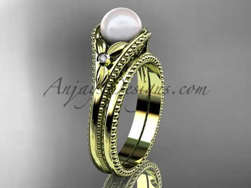 Flower wedding set 14kt yellow gold pearl pearl engagement ring AP377S