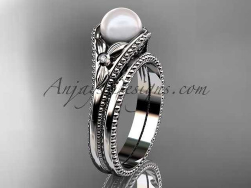 Flower wedding set platinum pearl engagement ring AP377S
