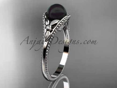 Flower engagement ring 14k white gold tahitian black pearl bridal ring ABP377