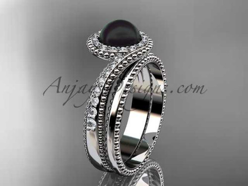 Antique Black Pearl Bridal Set Platinum Diamond Engagement Ring ABP379S